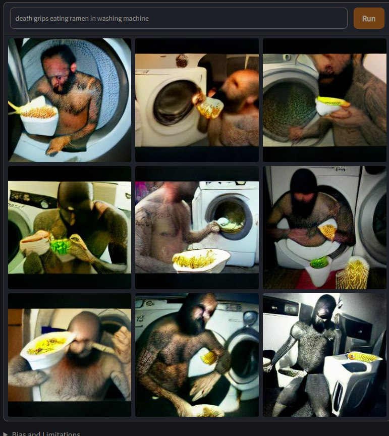 The meme features a person, "Death Grips", eating ramen noodles while being held in a washing machine. The image is captioned "death grips eating ramen in washing machine". The humor comes from the absurdity of the situation and the contrast between the high-tech, modern appliance and the low-brow, messy food.